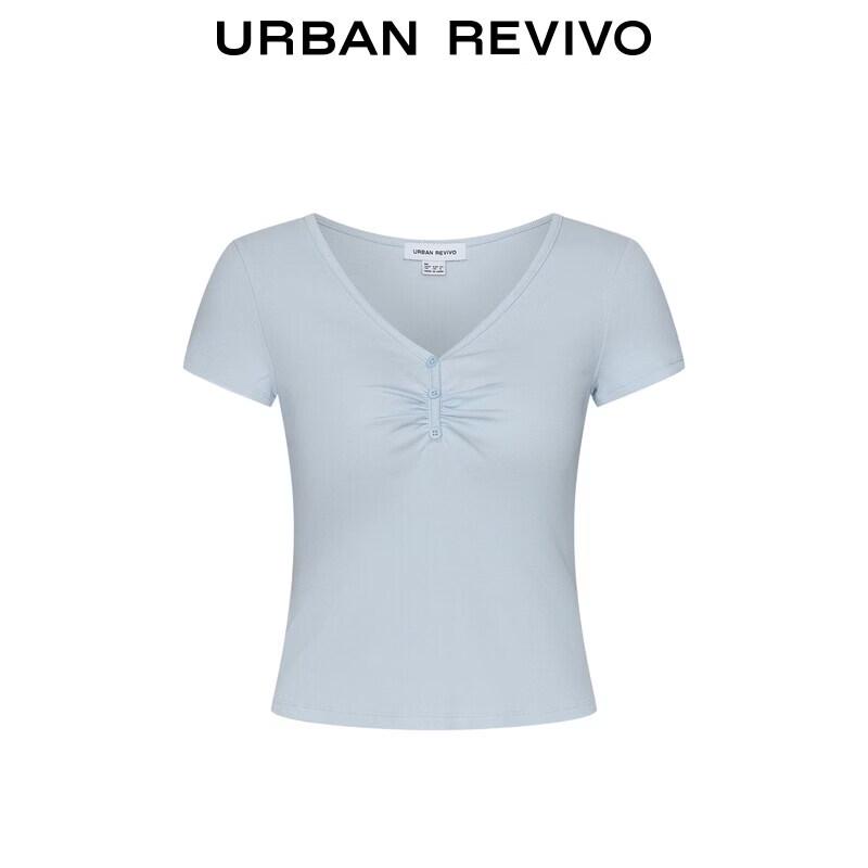 UR 2026 Spring Women's Casual V-Neck Pleated T-Shirt
