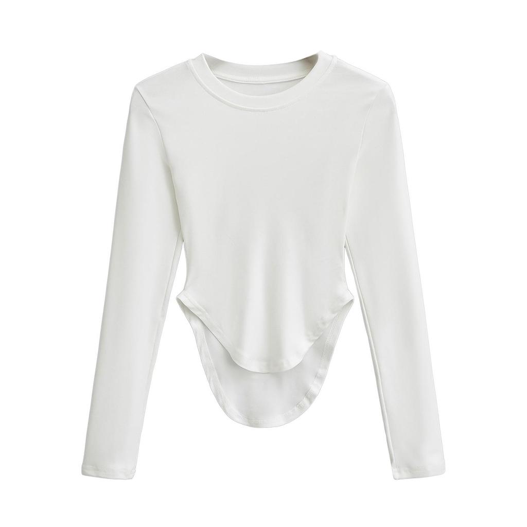 Women's Pilates Crew Neck Long Sleeve Yoga Top - Curved Hem, Spring/Summer Style
