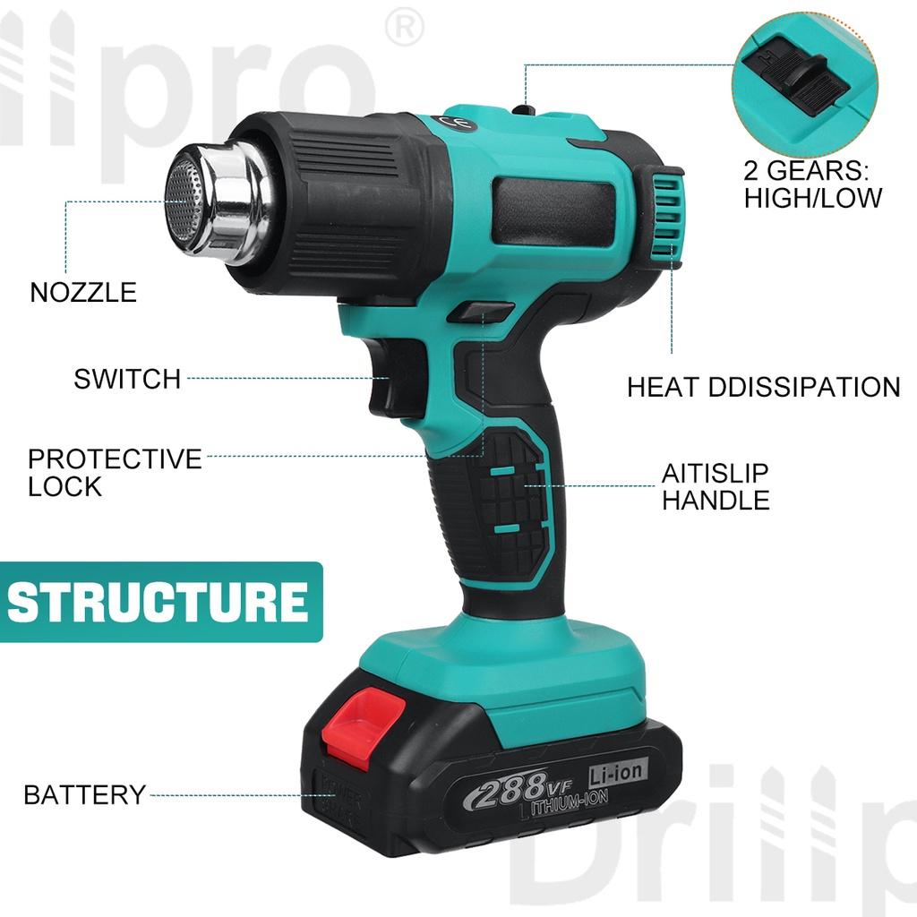 200W Handheld Cordless Hot Air Guns Temperatures Adjustable with 3 Nozzles 21V Electric Heat Guns Rechargeable for 18V Lithium Battery