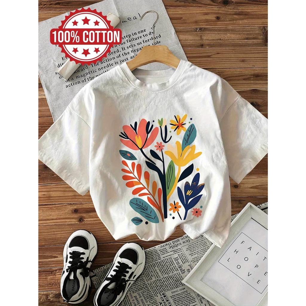 Streetwear Flower Y2k 100% Cotton Women's Egirl Korean Print T-Shirt Soft Crew Neck Short Sleeve Top Vintage Shirt Floral