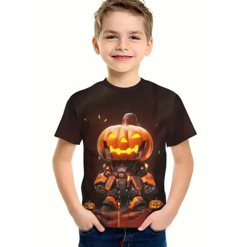 Round Neck 3D Pumpkin Printed Top Fashionable Short Sleeved Children's Boy T-shirts - Soft Medium Stretch Polyester Fabric Summer Relaxed Fit Clothing