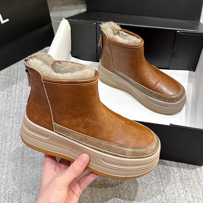 Thick Soled Snow Boots for Women Winter Warm Cotton Shoes with Plush Thick Leather Waterproof and Height Increasing Martin Cotton Boots