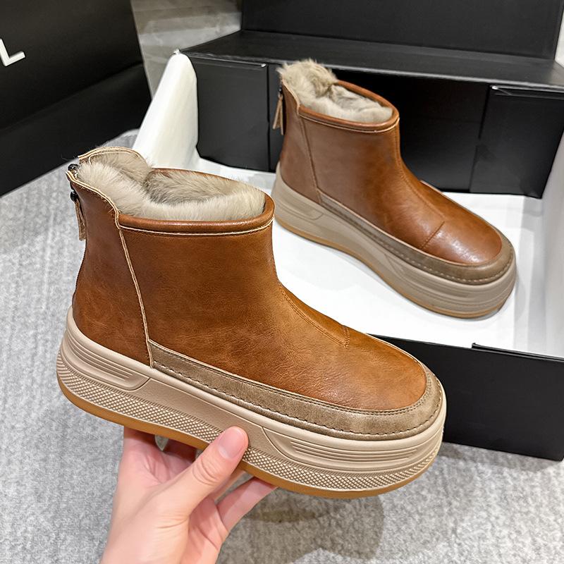 Thick Soled Snow Boots for Women Winter Warm Cotton Shoes with Plush Thick Leather Waterproof and Height Increasing Martin Cotton Boots