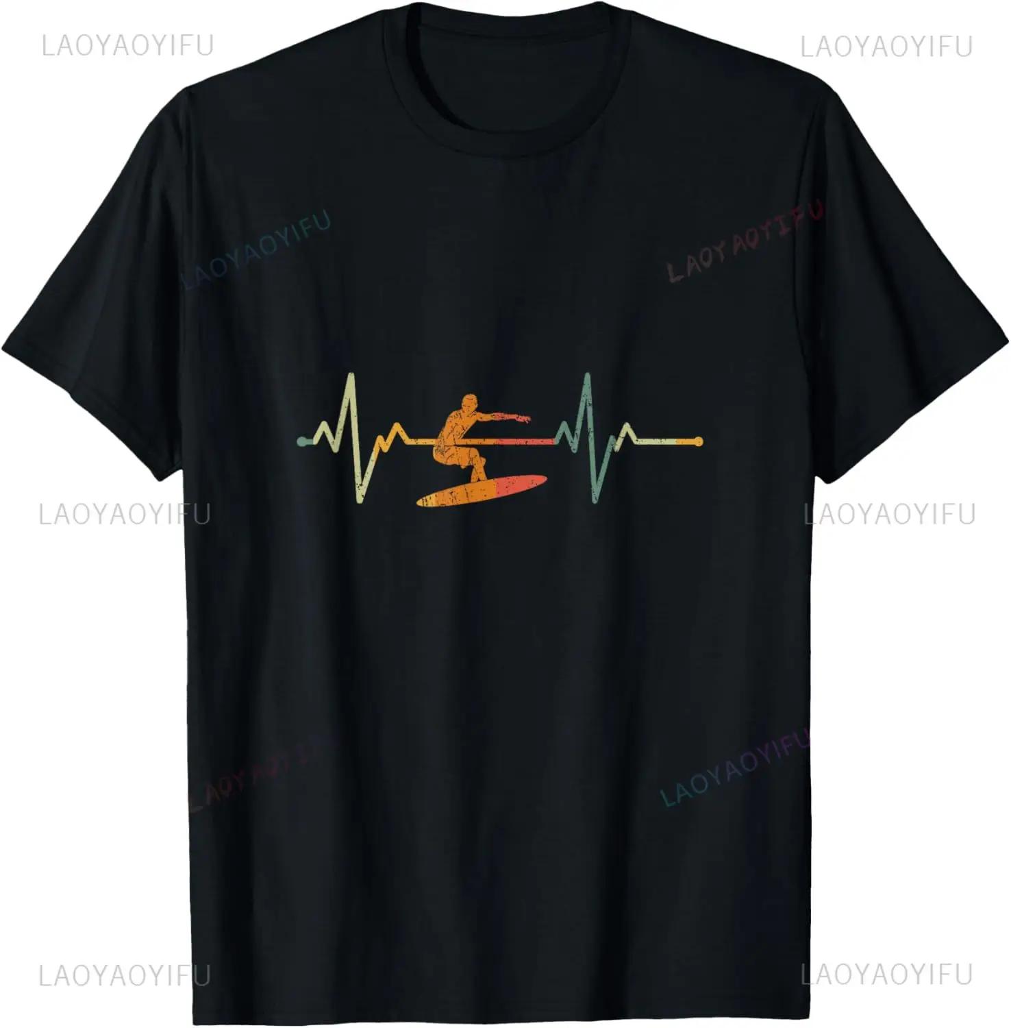 Vintage Surf Surfer Gift Heartbeat Waves Surfing TShirt Unisex Summer Streetwear Tops Unisexs Clothing Ropa Hombre S