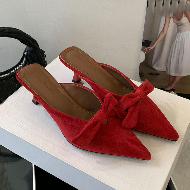 Fashion Footwear Shallow Ladies Heels Pumps Slides Butterfly-Knot Female Fashion Pointed Toe Elegant Women Heeled Sandals Shoes Mules