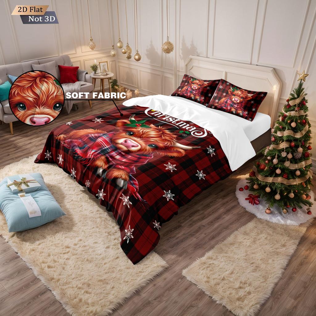 3-teiliges Weihnachts-Hochlandrind-Print-Kernloses-Quilt-Set, mehrgrößig, Schlafzimmer, Wohnheim-Bettwäsche-Dekoration, weich, maschinenwaschbar