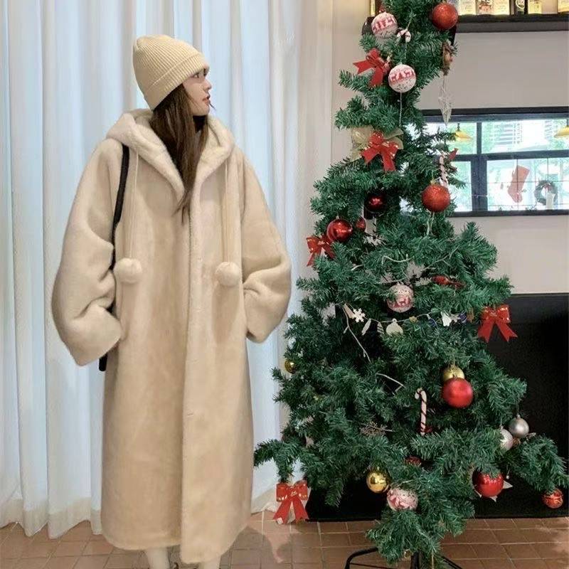 Imitation Mink Fur Hooded Jacket Women Thickened Coat Winter Plush Soft Loose Long Eco-friendly Coat Female Clothes