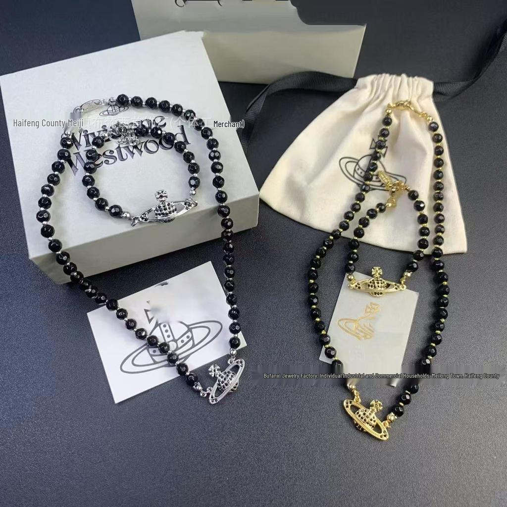 Empress Dowager Saturn Necklace: Punk Black Agate & Diamond Layered Choker for Women