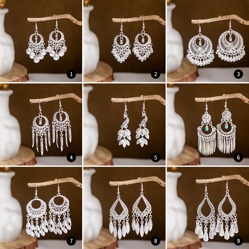 Ethnic style imitation Miao silver earrings, retro long tassel earrings, attractions, ancient style earrings, Miao earrings, women