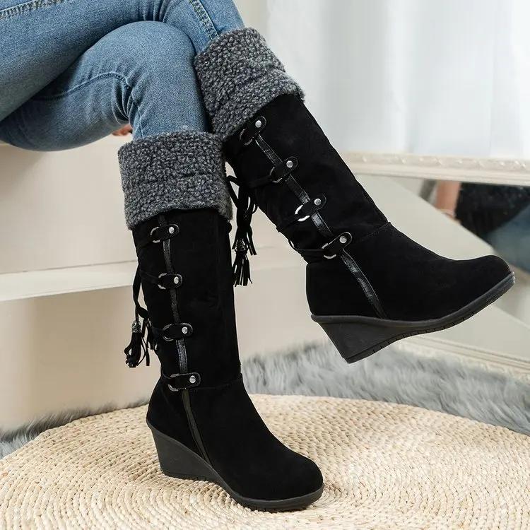 Womens Boots Fashionable Wedge Heel Mid-calf Boots Plush Warm Winter Boots for Women Comfortable Casual Cotton Boot Botas Mujer