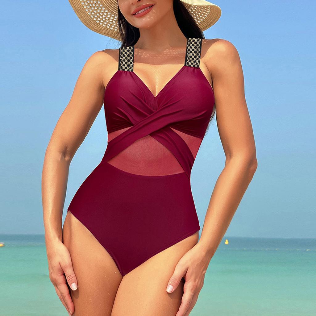 Women's Color Mesh Bikini One-Piece Swimsuit