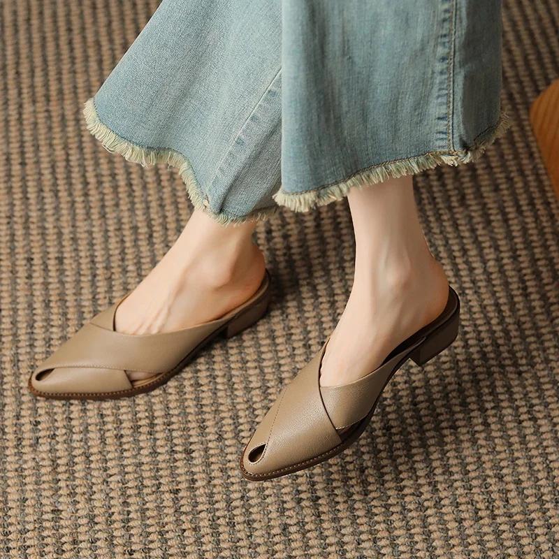 Fashion 2024 Summer Slippers Women Genuine Leather Shoes for Women Pointed Toe Chunky Heel Mules Sandals Women Hollow Out Ladies Shoes