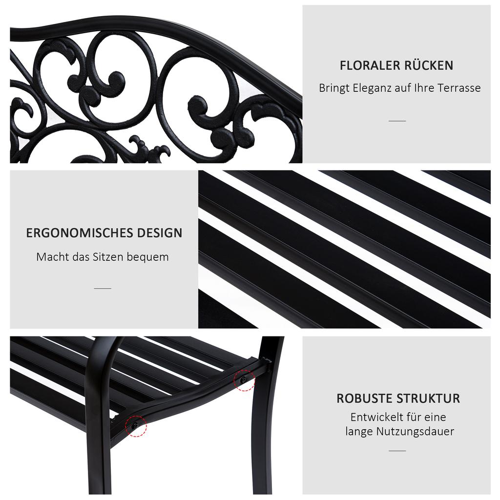 Metal Garden Bench with Floral Backrest and Armrests - Black