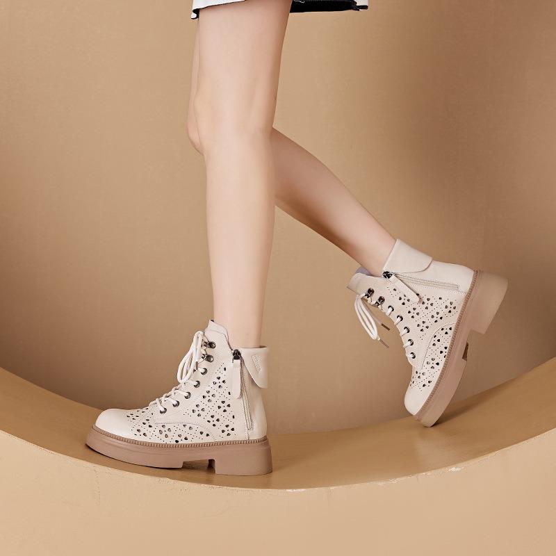 Leather Hollow Martin Boots Women's Platform Double Side Zipper Women's Leather Boots Lace-up Casual Shoes