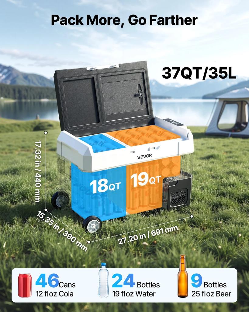 VEVOR Car Refrigerator, DC 12/24V AC100-240V Compressor Electric Cooler, -20 degrees C to 20 degrees C Truck Refrigerator with APP Control