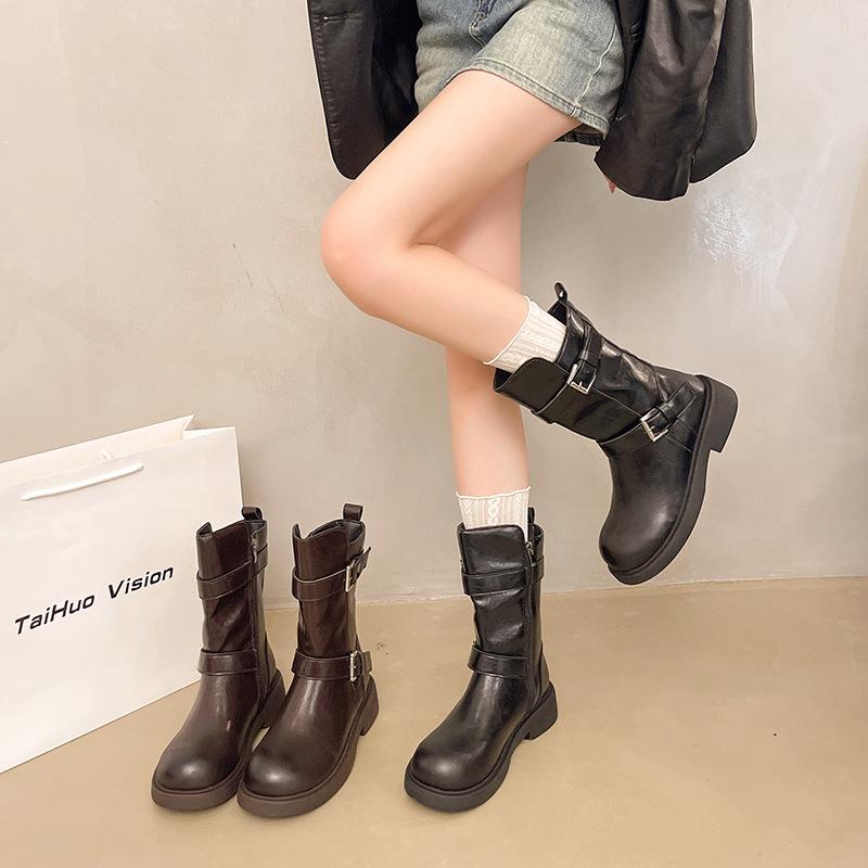 Brown Vintage Leather Thick Heel Short Boots Fall/Winter 2025 Belt Buckle Skinny Boots Locomotive Martin Boots Women