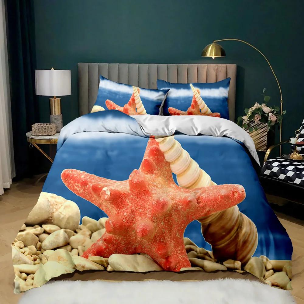 Starfish Duvet Cover Set Ocean Bedding Set Hawaiian Marine Sea Waves 3D Starfish Comforter Cover King Size Polyester Qulit Cover