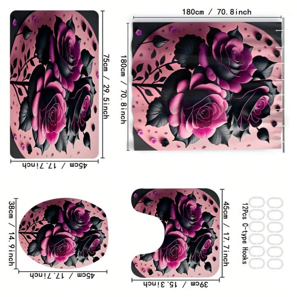 Valentine'S Day Pink Rose Bathroom Set: Bath Curtain, Toilet Lid Cover, U-Shape Rug, Bathroom Accessories