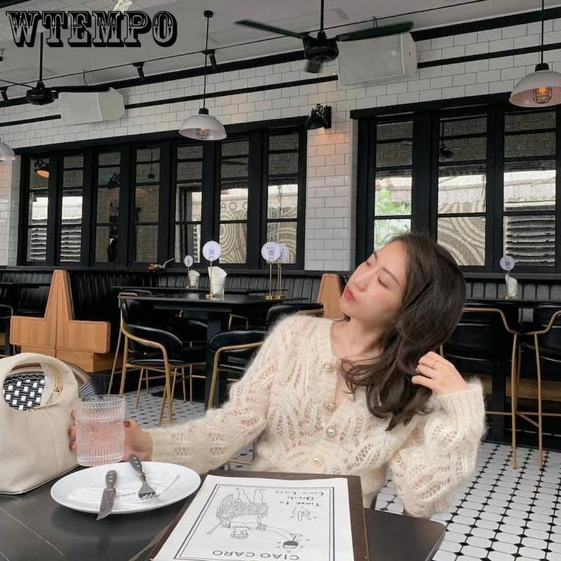 WTEMPO Dámský svetr s dlouhým rukávem jaro podzim vydutý měkký pohodlný úplet Volné elastické topy s knoflíkem nahoru