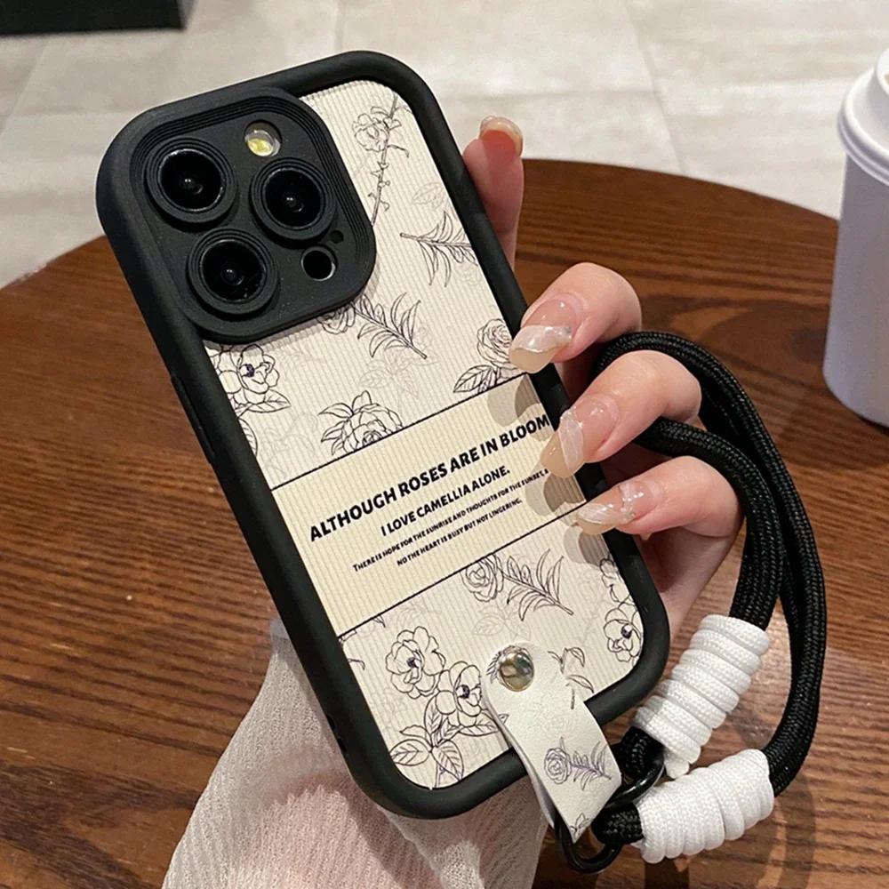 Luxury Camellia Wrist Strap Phone Cases for iPhone 13 11 14 15 Plus 12 16 Pro Max X XR XS 15pro MAX Case Silicone Lanyard Cover