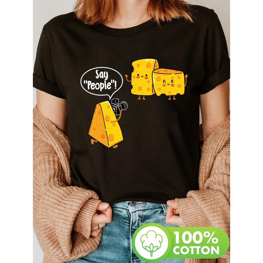 Cheese Lover Print T-Shirt | Short Sleeve Crew Neck Casual Top for Summer & Spring, Women'S Clothing, Cartoon Pattern