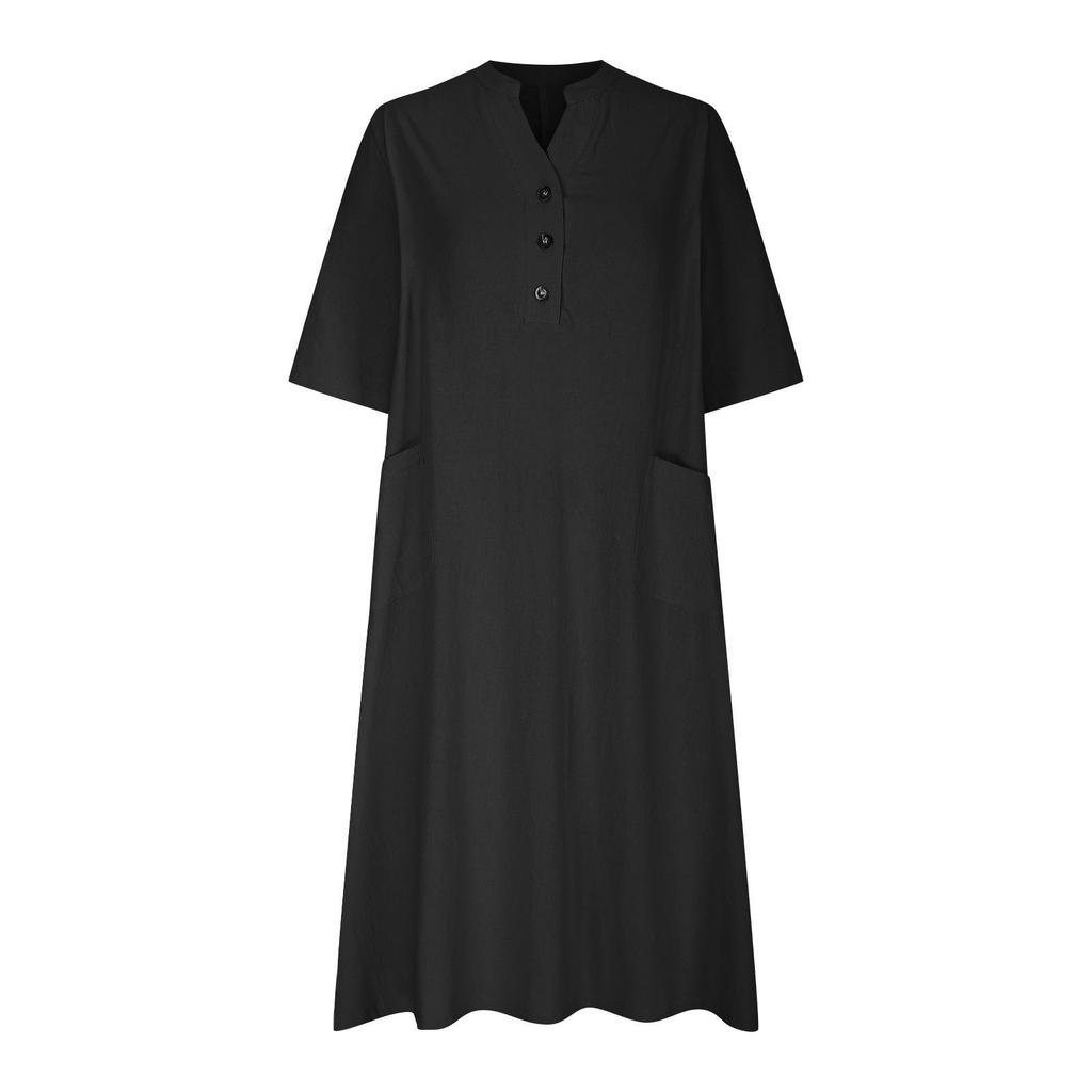 Women's Mid-Length V-Neck Cotton Linen Dress with Short Sleeves and Three-Button Pocket