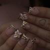 24Pcs Leopard Print French Press On Nails, Short Square Fake Nails with 3D Flower & Rhinestones