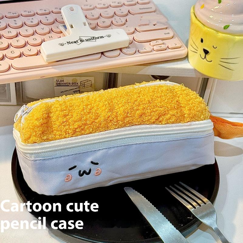 Cute Cartoon Fried Shrimp Plush Pen Bag Kawaii Large Capacity Zipper Soft Pen Case Stationery Storage Bag School Supplies