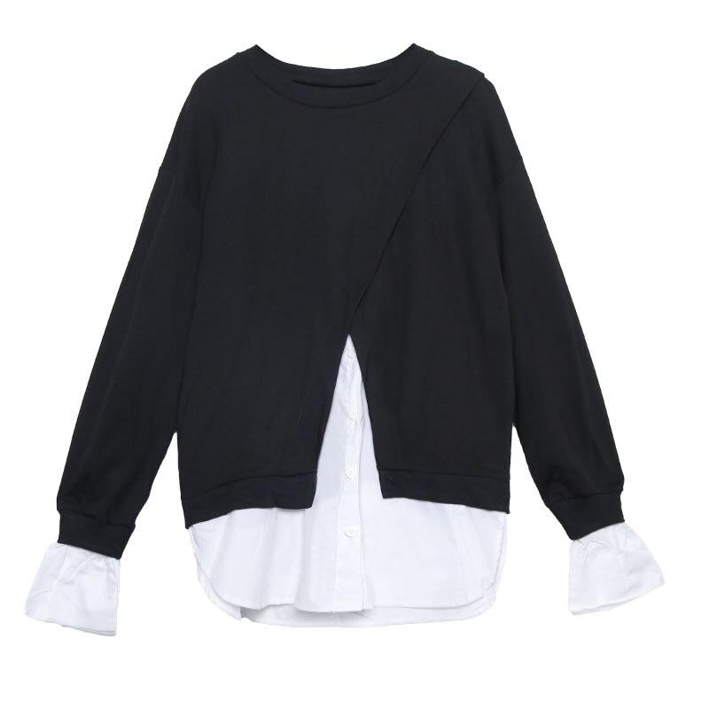 Xitao Patchwork Hit Color T Shirt Women Clothes Fashion Button Pullover Full Sleeve Match All Tee Top GCC1369