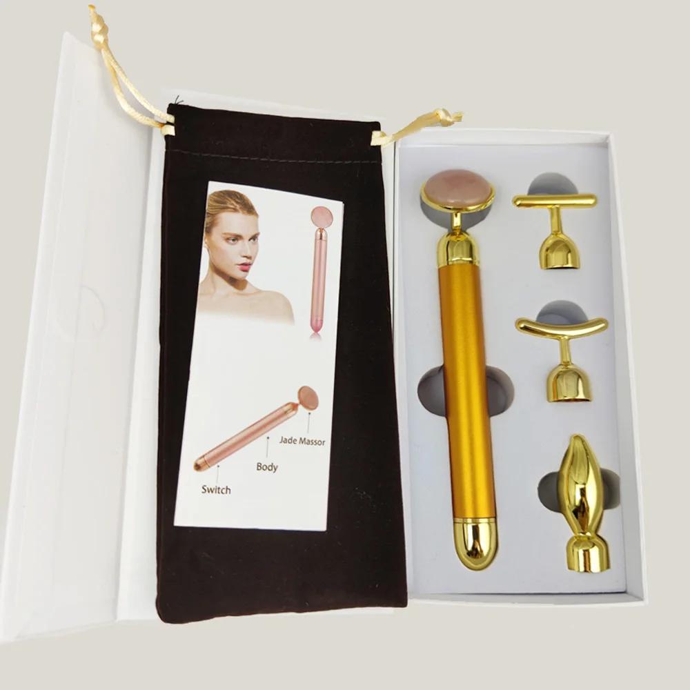 4 In 1 Vibrating Rose Quartz Roller Face Roller Eye Massager Jade Roller T/V Shaped Face Lifting Slimming Beauty Care Massager