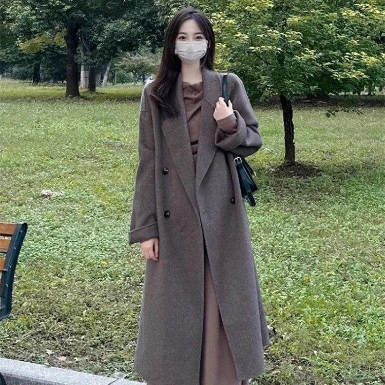 Petite Women's Korean-Style Fleece-Lined Gray Wool Coat for Fall/Winter