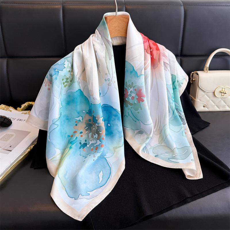National Style Ink Flower Simulation Silk High-end Large Square Scarf Silk Scarf Printed Shawl Scarf Sunscreen Scarf Head Scarf Scarf