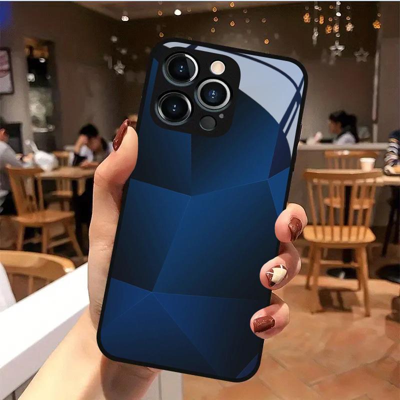 Dark Blue Geometric Mosaic Pattern TPU Glass Phone Case, Suitable for iPhone 17, 16, 15, 14, 13, 12, 11, Etc.