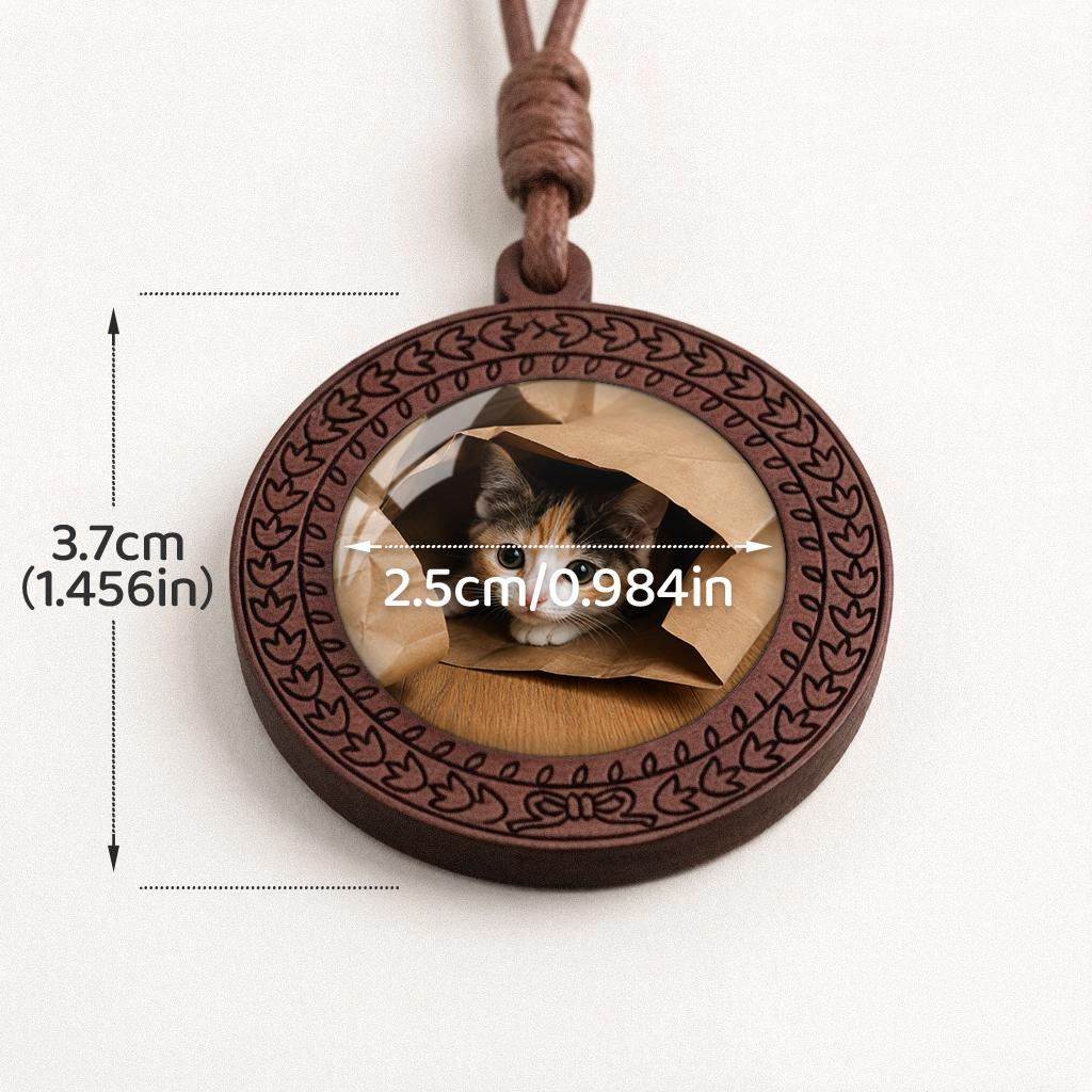 Customizable cute pet portrait circular woven wooden pendant, pet commemorative anniversary gift jewelry