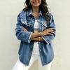 Women's Plus Size Point Collar Long Sleeve Denim Jacket Loose Fit Rhinestone Fringed Casual Shirt Coat