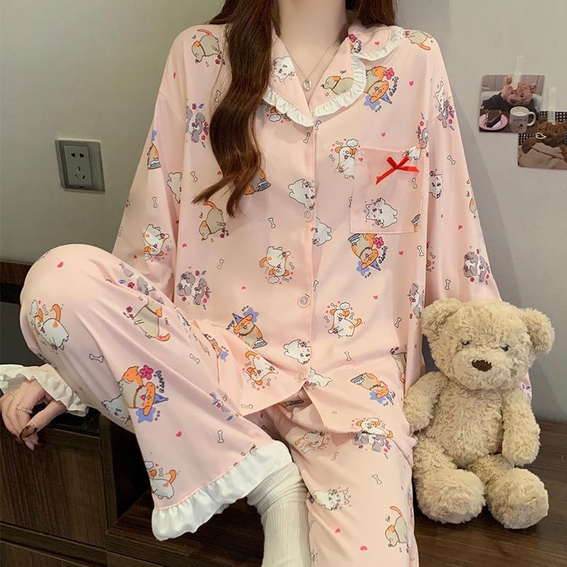 

Birthday arty soft cute dog cartoon imitation cotton suit pink pajamas women s spring loungewear long sleeves trousers 2XL [Recommended 130-72.5kg]