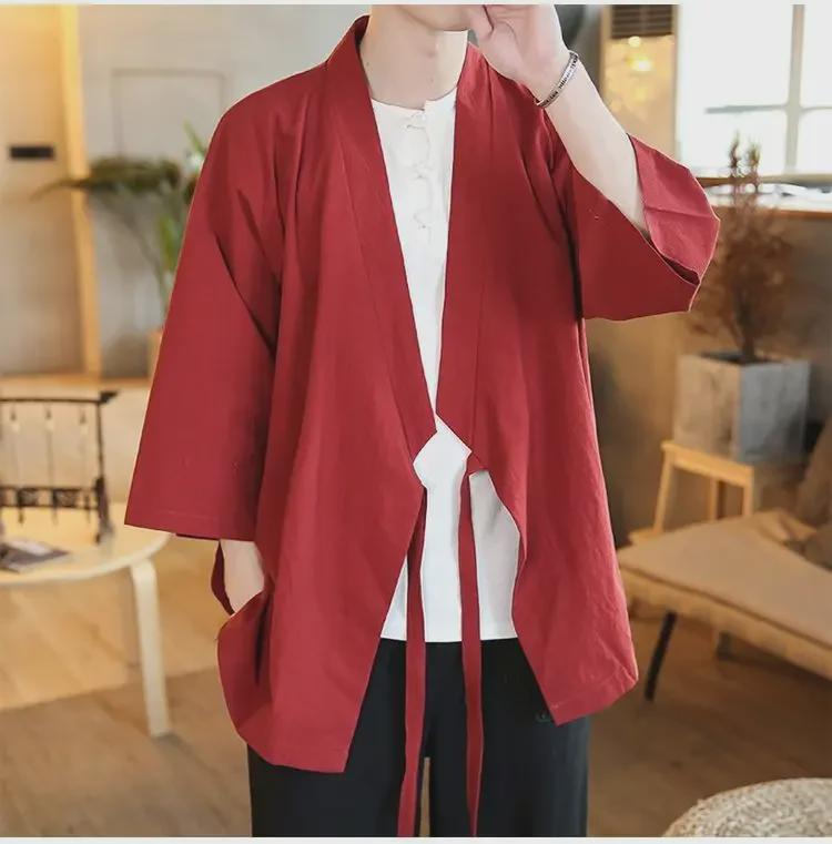 Men's Zen Buddhist Hanfu Jacket: Three-Quarter Sleeves, Slanting Collar, Summer Style, Ancient Chinese Tea Clothing, Cotton & Linen Taoist Robe.