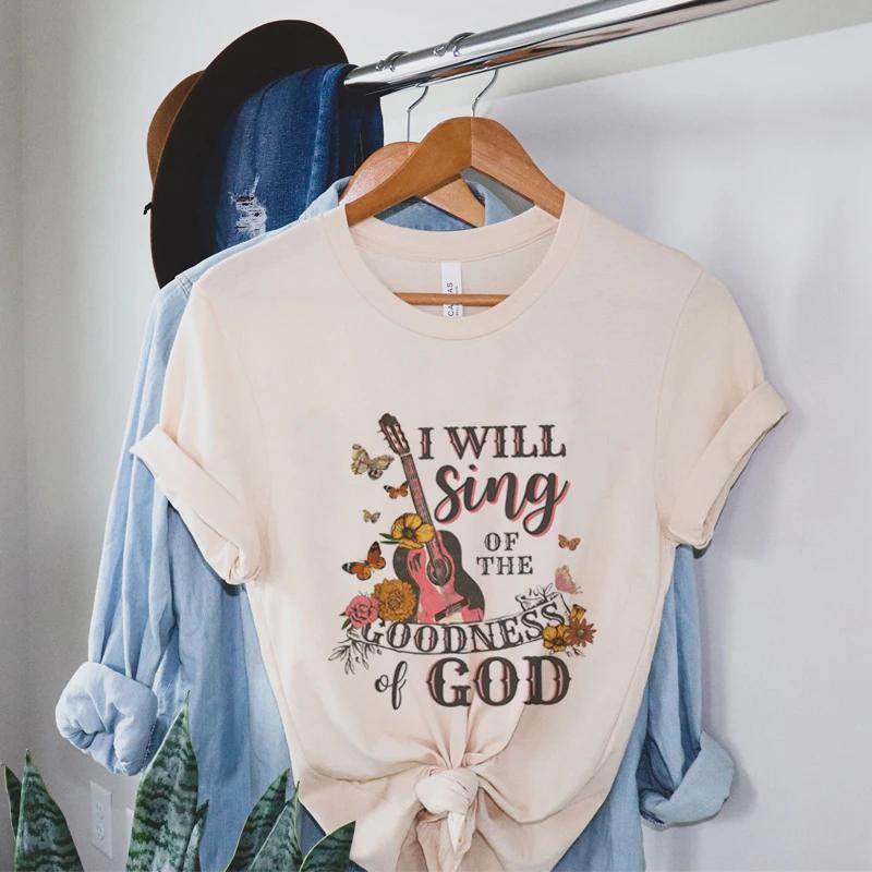 Women Vintage Boho Guitar Print Gospel Music TShirts Bible Verse God Worship Tshirt Religious Faith Tee Shirt Christian Apparel