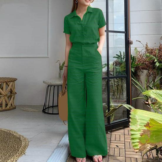2Pcs/Set Women Pants Shirt Suit Lapel Short Sleeve Single-breasted Wide Leg Loose Solid