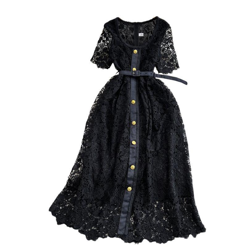 Single-Breasted Water Soluble Lace Dress Elegant Short Sleeve