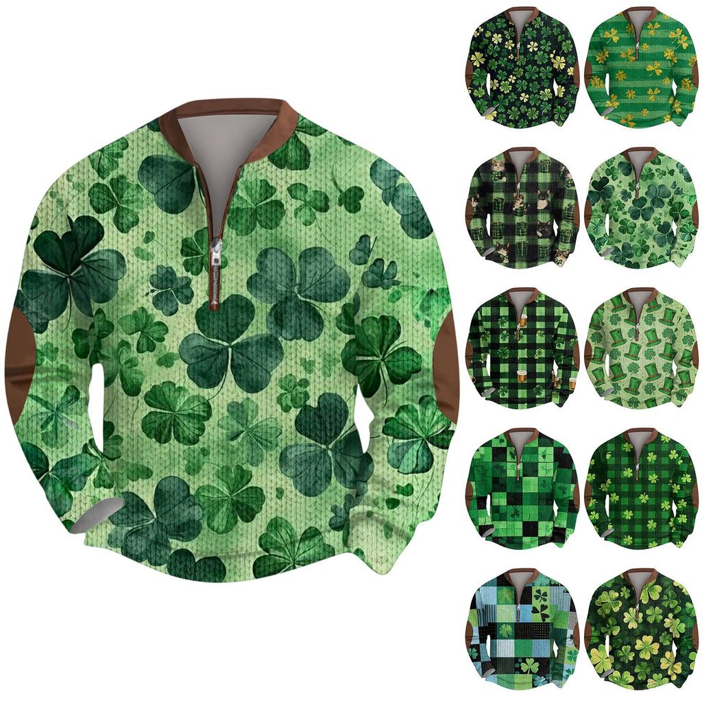 Mens Christmas Sweater Zip Up Sweatshirts Vintage Knit Graphic Sweatshirt St. Patrick's Day Stand Collar Pullover