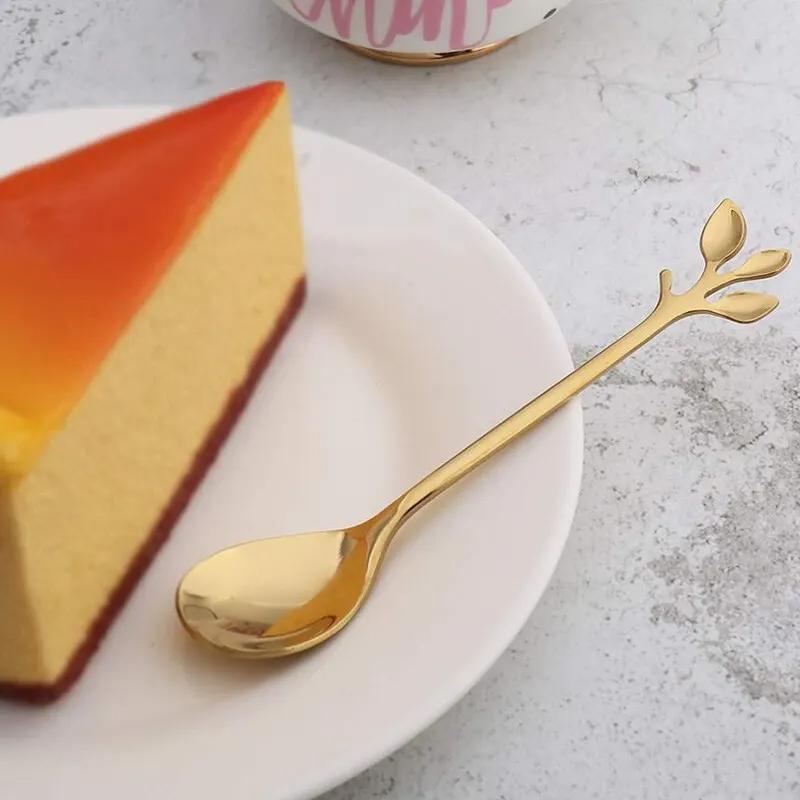 6 STÜCKE Kreative Persönlichkeit Edelstahl Gold Löffel Baumblatt Löffel Kaffeelöffel Teelöffel Home Restaurant Dessert Besteck Set