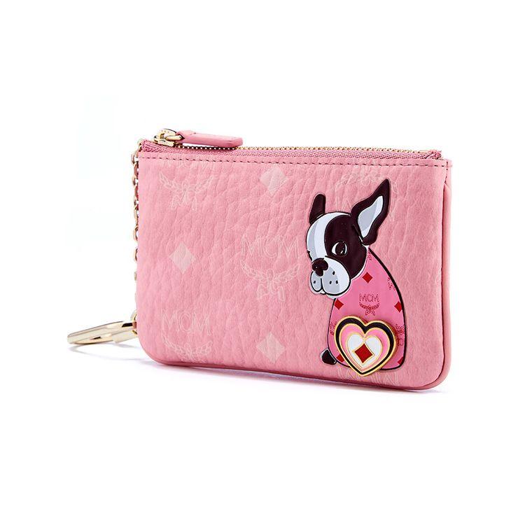 MCM Visetos Pink Leather Coin Pouch with Dog Motif & Gold Chain for Daily Use & Gifting