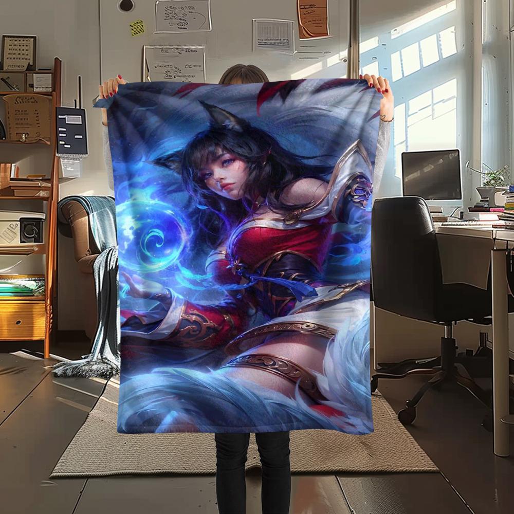 1Pc KDA Ahri Print Flannel Blanket, High Quality Comfortable for All Seasons, Home Decor, Warmth and Comfort, Perfect for Gifts