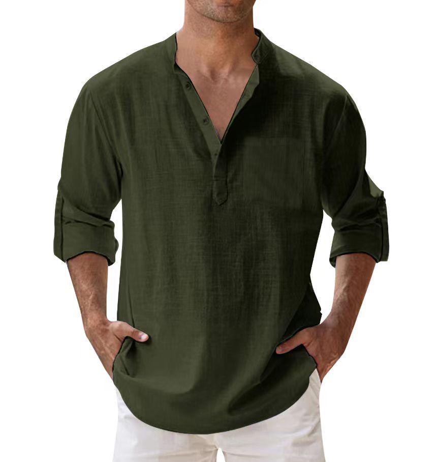 Herren Sommer Casual Locker sitzendes Stehkragen Einfarbig Langarm Baumwollhemd, Übergröße verfügbar