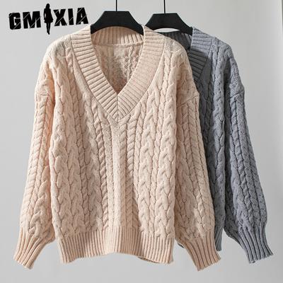 Jesień Zima Sweter Damski Luźny Pulower Vintage Warkocz Dekolt V Długi Rękaw Jednolity Kolor Sweter Damski