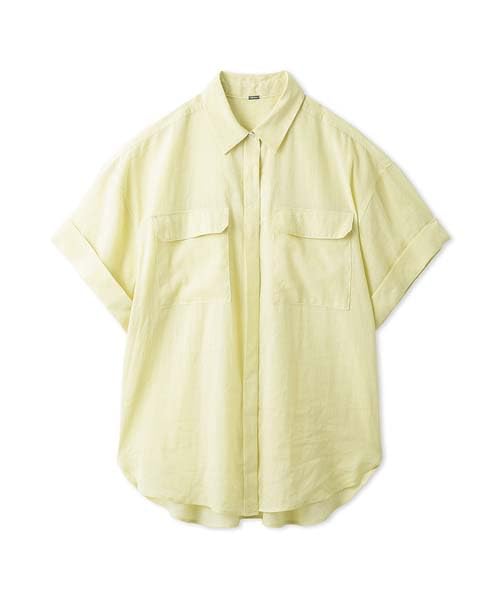 Mira Owen Big Pocket Short Sleeve YEL Cotton-Linen Shirt, Women's, 09WFB242066,