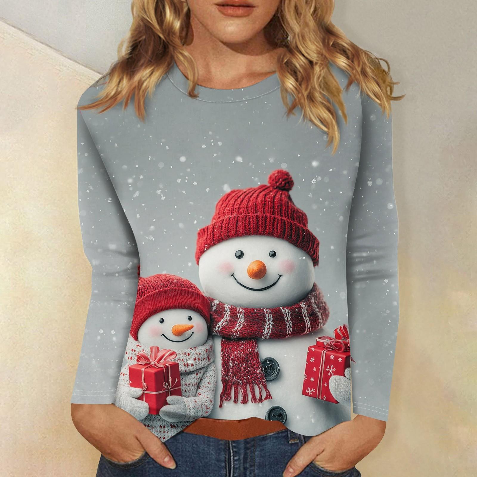 

Рубашки с длинным рукавом для женщин Милые принты Футболки Блузки Повседневные Большие размеры Базовые топы Пуловеры Рождественские XL