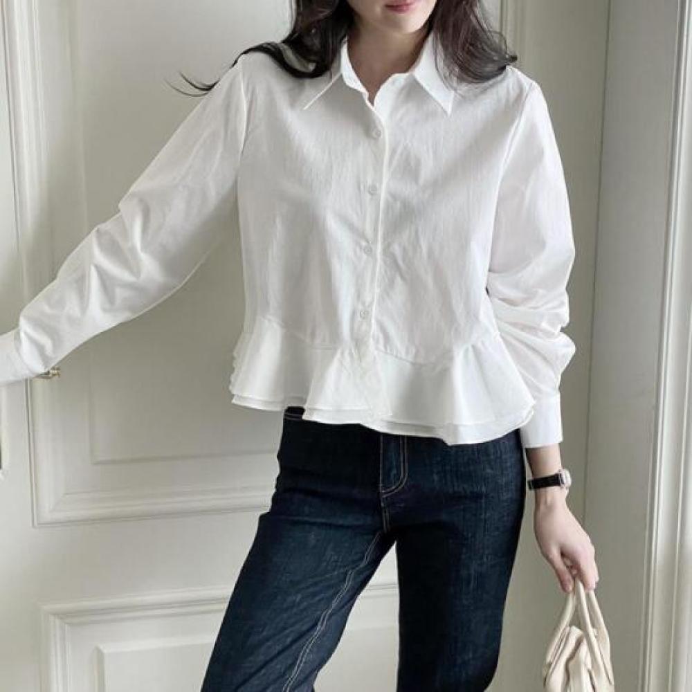 New Arrivals Open Run Frill Blouse Peplum Slim Fit Semi Crop Cotton Shirt