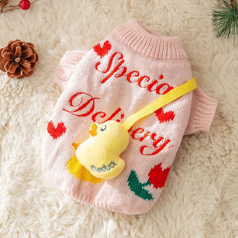 Autumn and Winter Dog Cute Cartoon Duckling Shoulder Bag Sweater Cat Two Feet Pet Dog Clothes Knitted Sweater